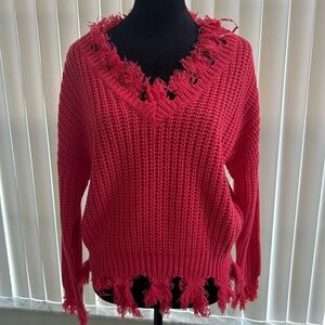 Fashion Nova V-Neck Distressed Sweater in Pink